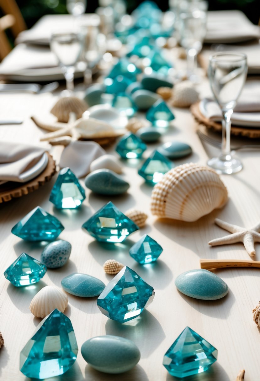 Wedding table decorated with aquamarine stones, seashells, driftwood, and starfish on a light wooden surface without any flowers.