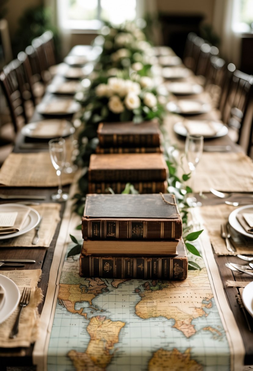 Wedding table decorated with vintage maps and old books arranged as table runners without any flowers.