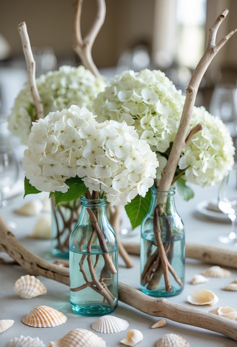Clear glass bottles with white hydrangeas and driftwood branches arranged on a table with seashells and driftwood pieces.
