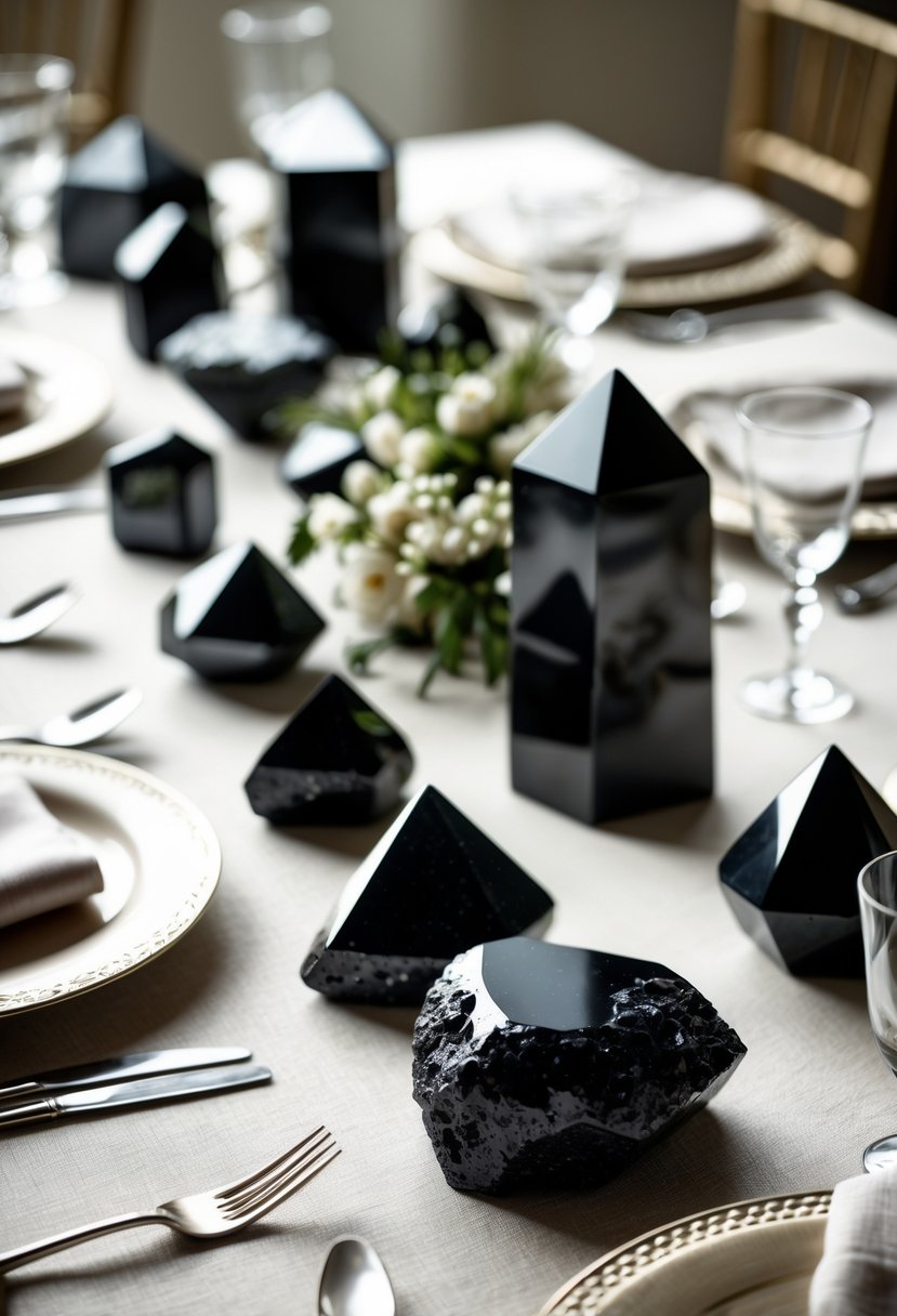 A wedding table decorated with polished black obsidian crystals and gemstones, set with glassware, silverware, and white napkins on a neutral tablecloth.