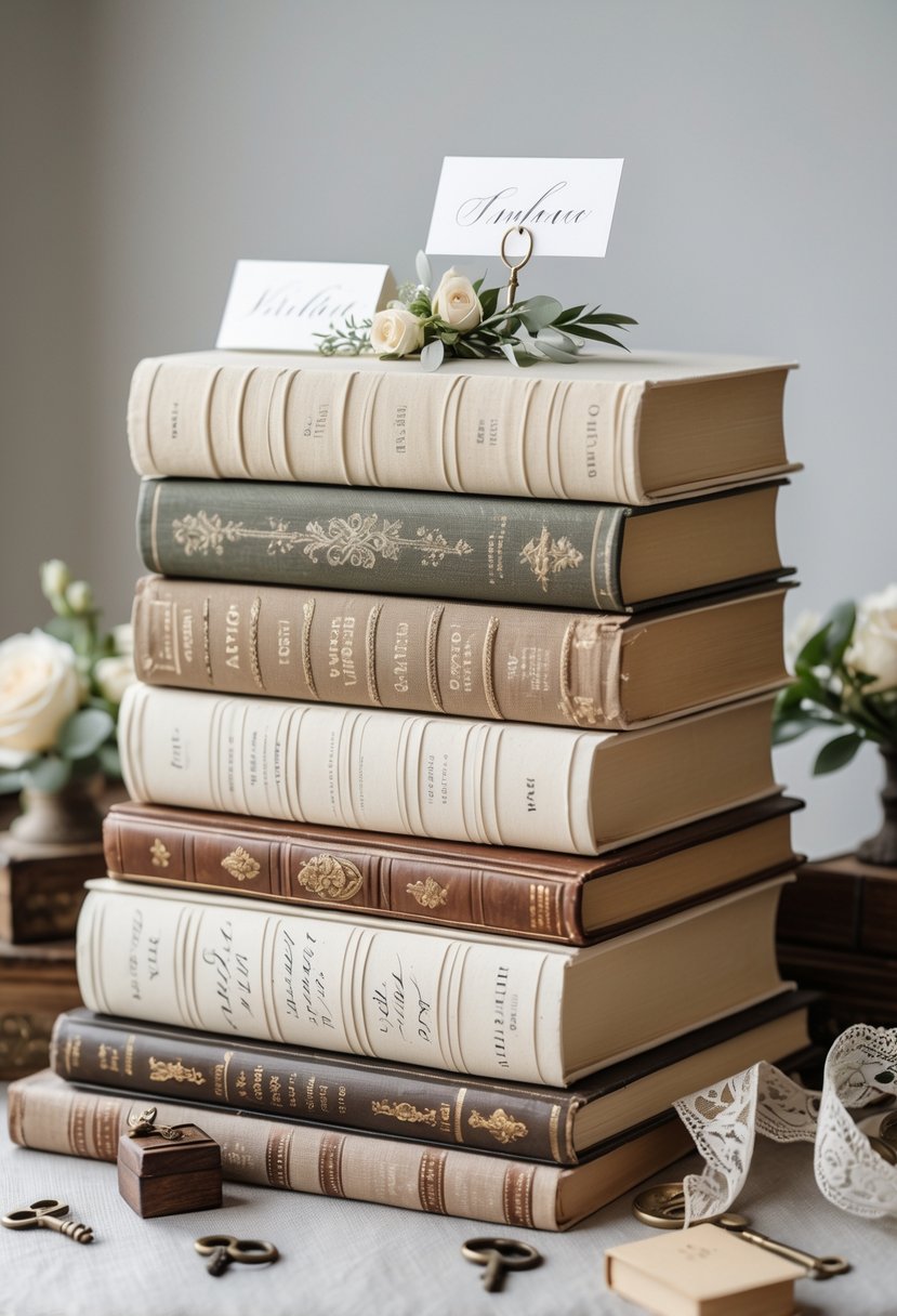 A stack of vintage hardcover books with calligraphy name cards and small antique decorative items arranged on a table.