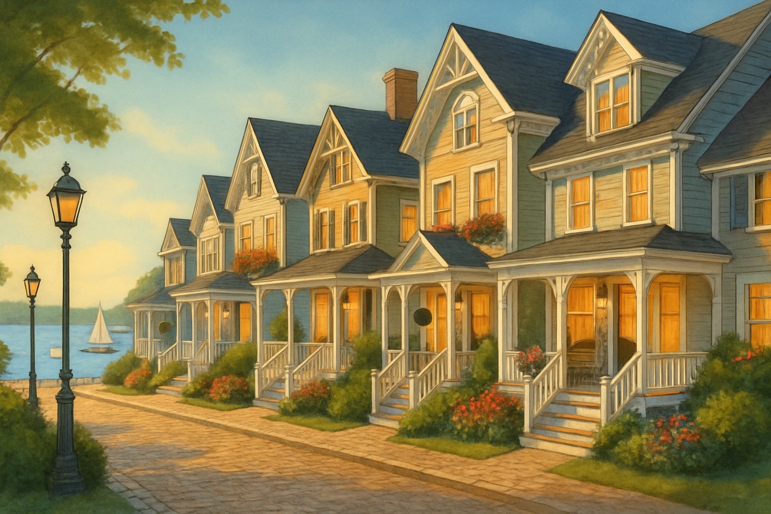 A coastal town street with charming inns and bed and breakfasts near a calm harbor with sailboats.