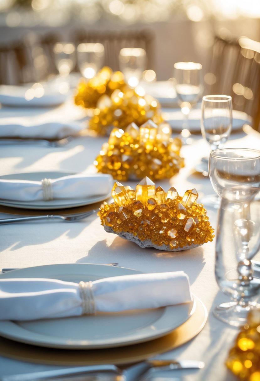 A wedding table decorated with citrine crystal clusters as centerpieces, set with white linens, glassware, and tableware, bathed in warm sunlight.