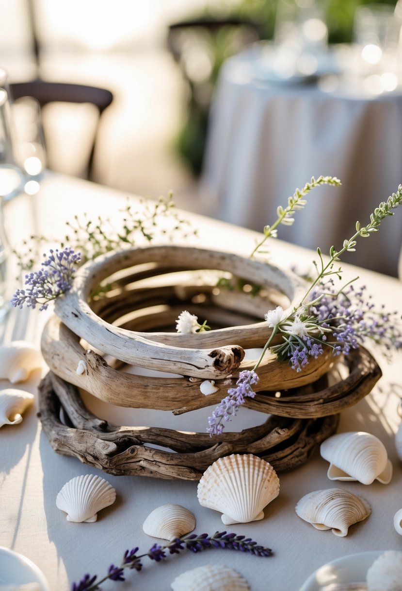 Intertwined driftwood rings decorated with baby's breath, lavender, and seashells arranged on a wedding table.