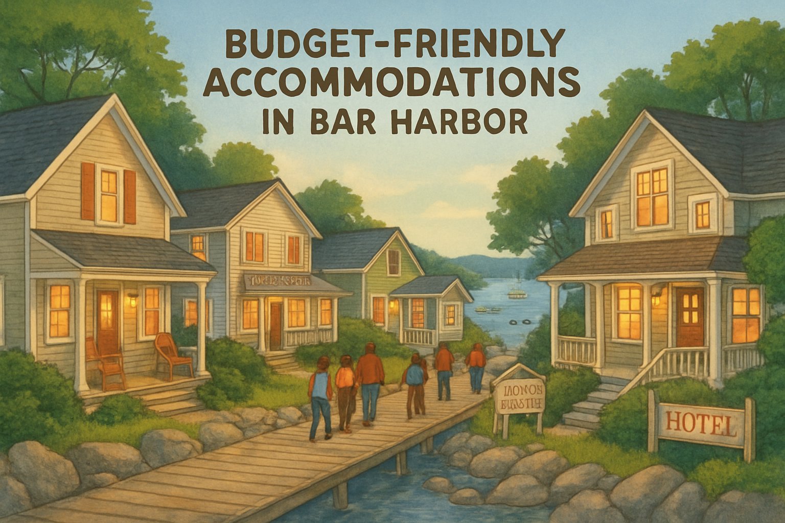 A peaceful coastal town with small hotels and cottages near a calm harbor with boats and people walking along a boardwalk.
