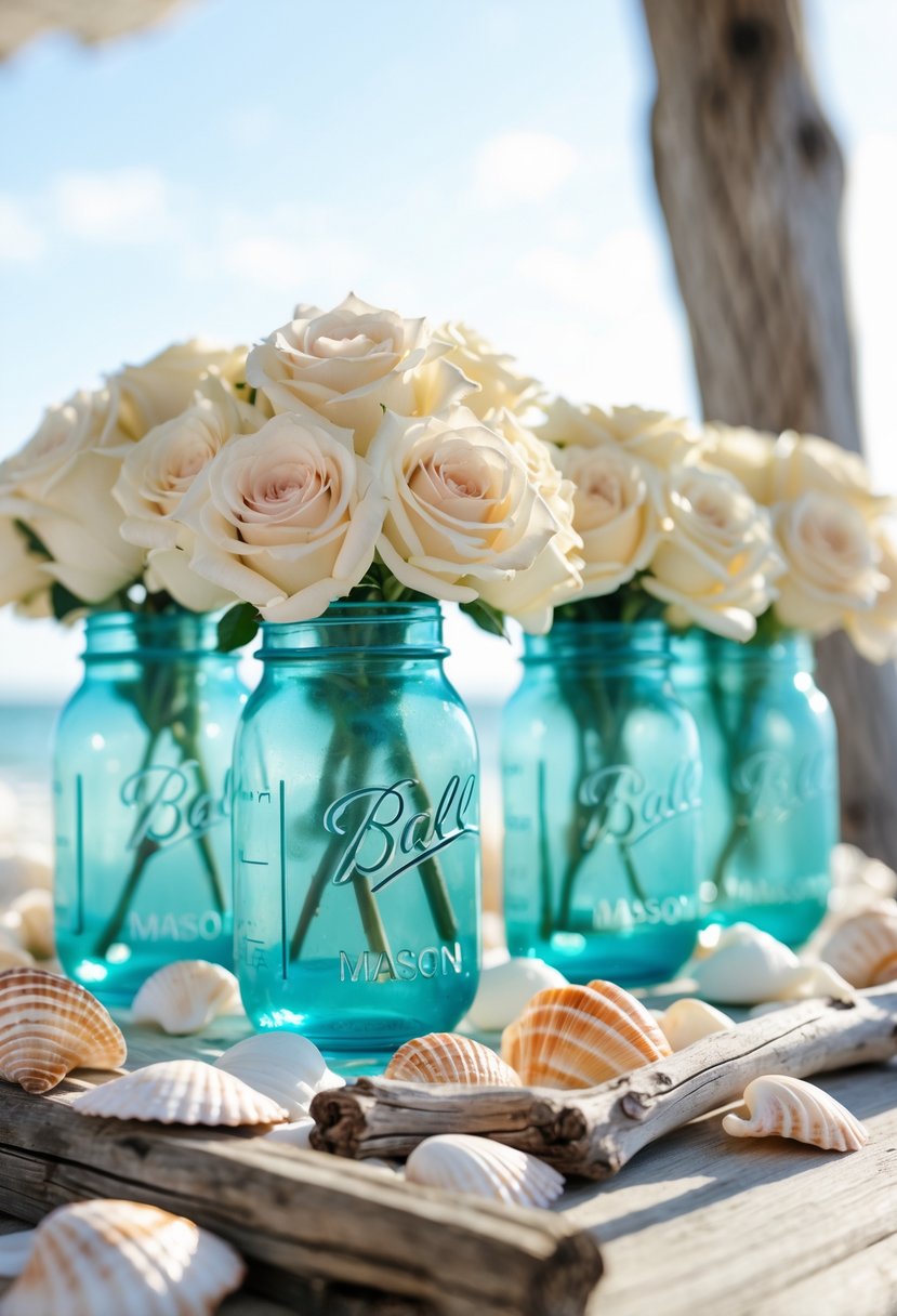 Turquoise mason jar vases filled with cream roses on a wooden table surrounded by seashells and driftwood.