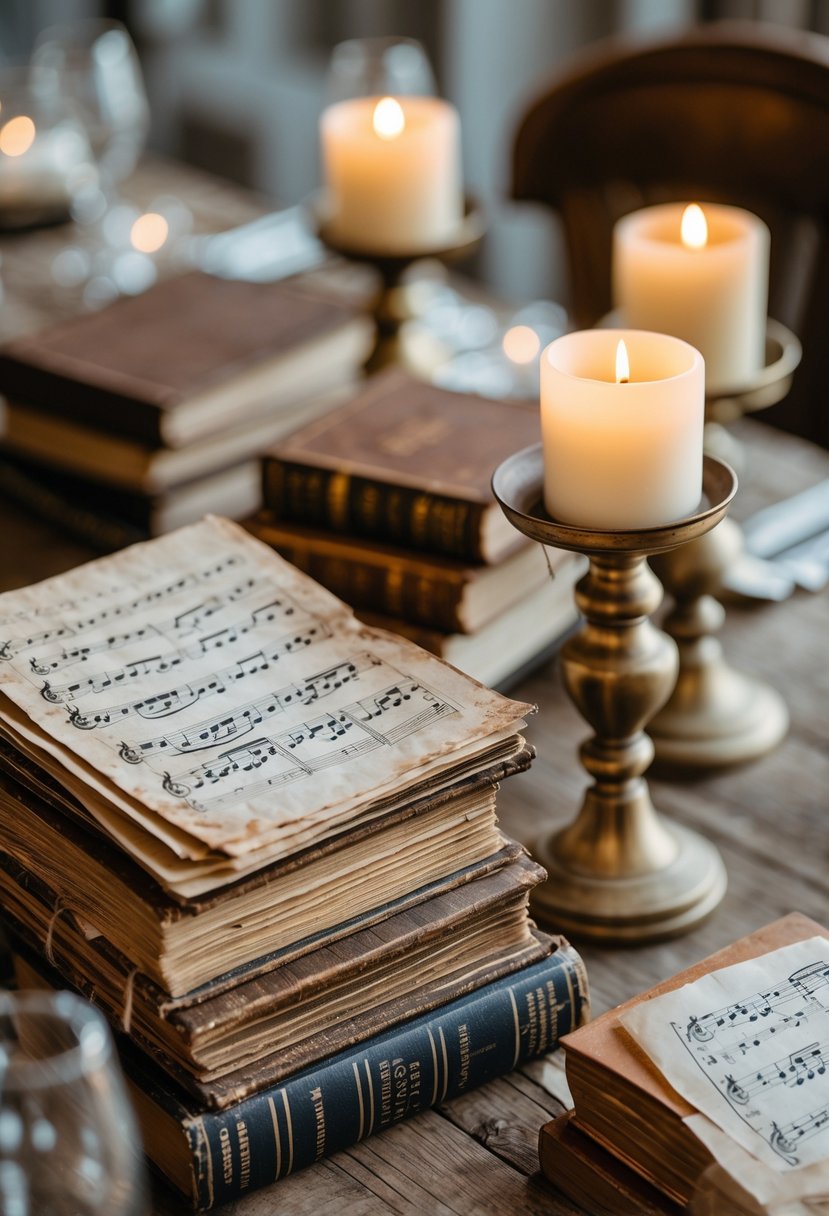 A wedding table decorated with old music sheets, vintage books, and brass candlesticks with lit candles.