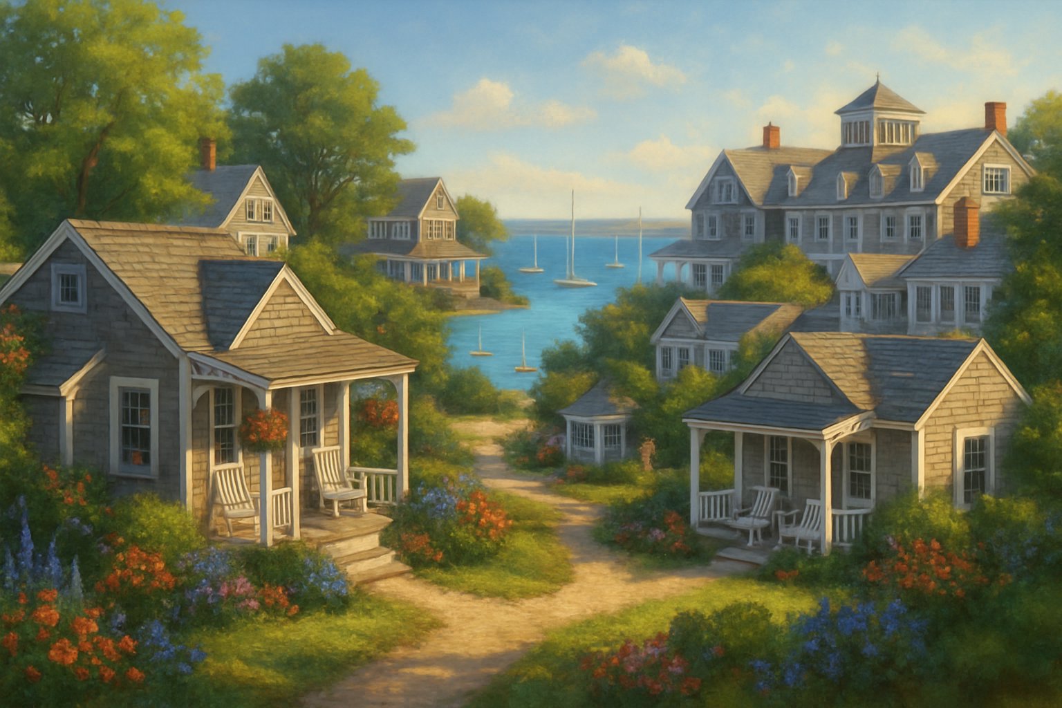 A peaceful coastal village with cottages and hotels near a calm harbor with sailboats and greenery.