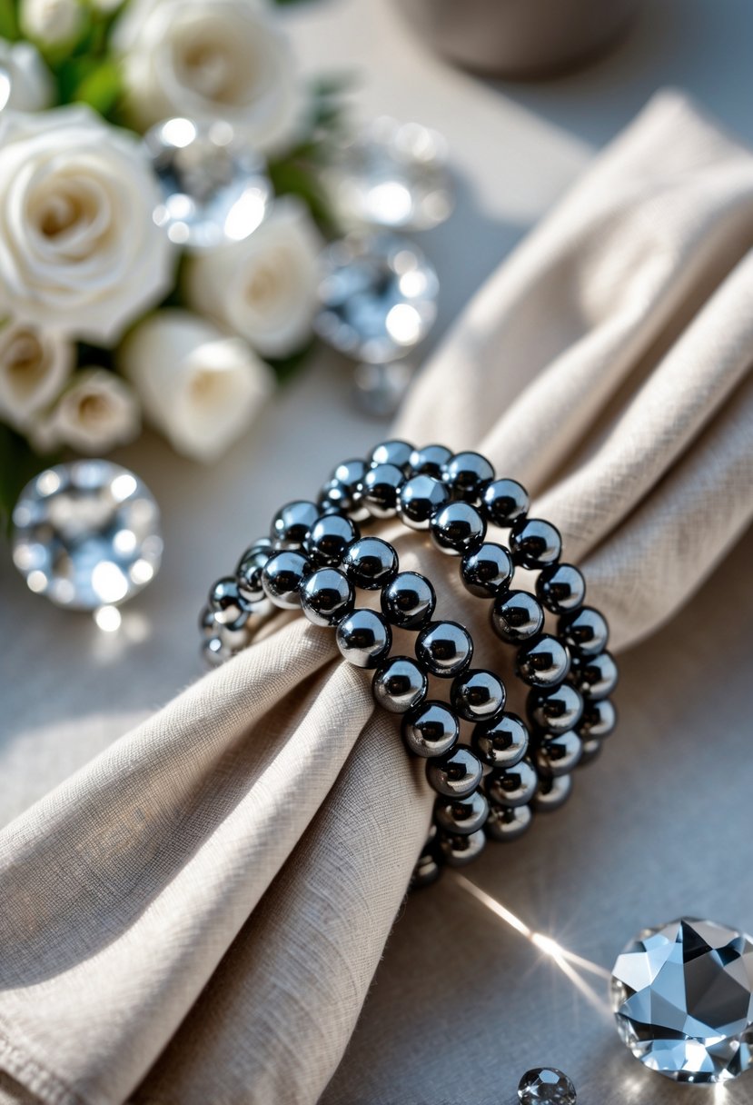 Close-up of napkin rings woven with shiny hematite beads on a wedding table with linen napkins and crystal accents, no flowers visible.