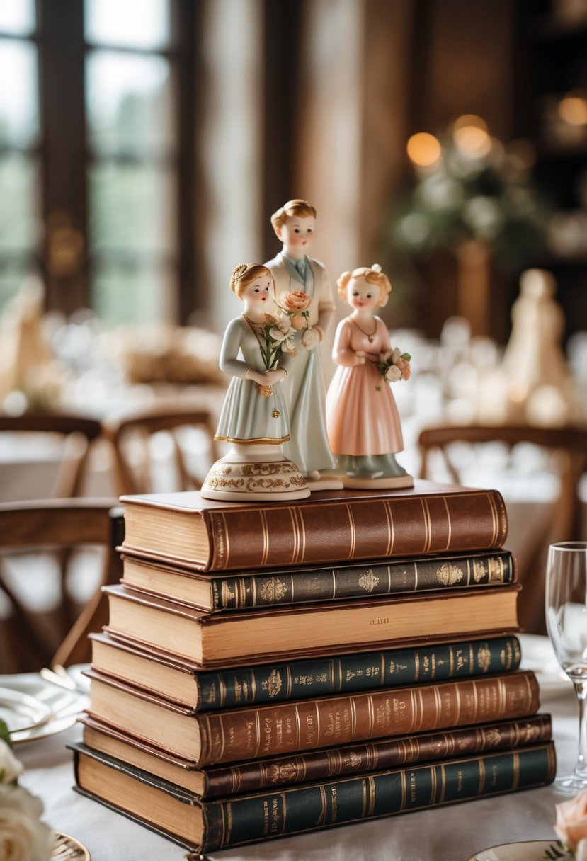 Stack of leather-bound books topped with delicate porcelain figurines arranged on a wedding table.
