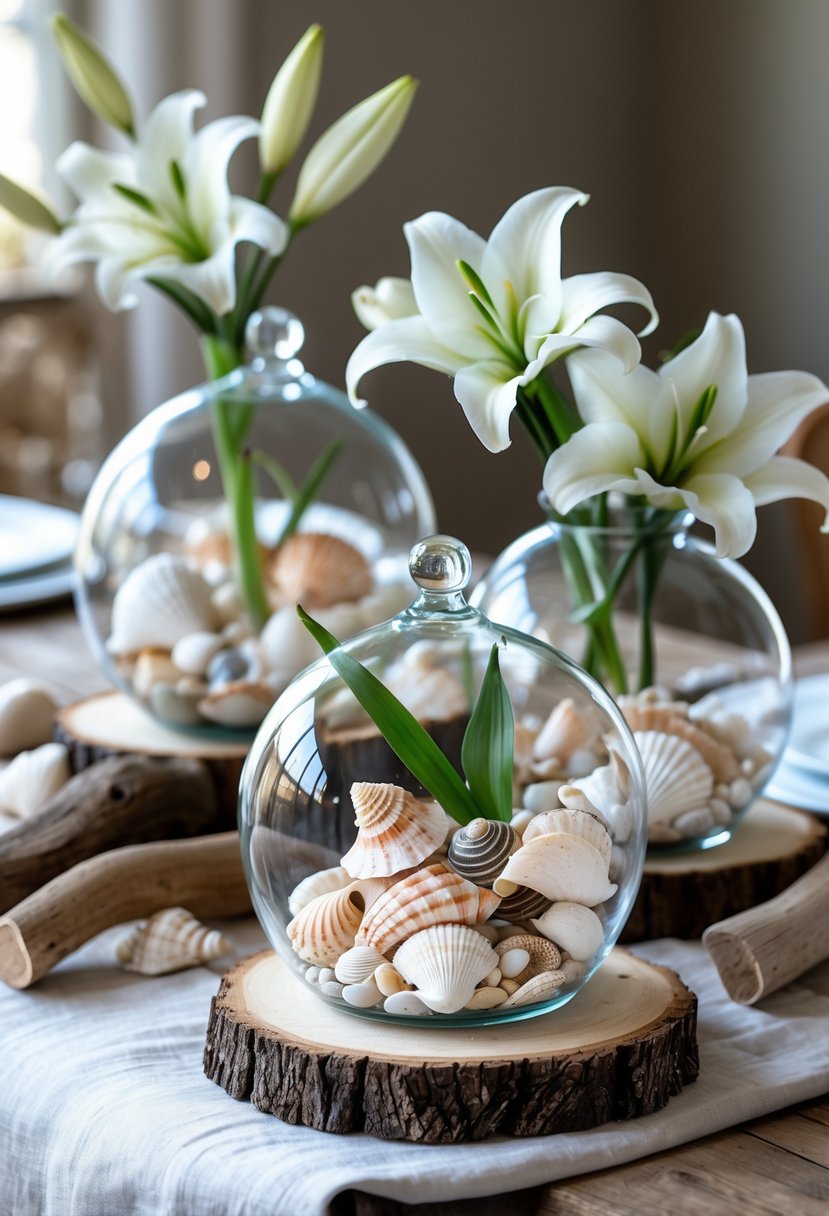 Glass terrariums filled with seashells and white lilies arranged on a wooden table with driftwood accents.