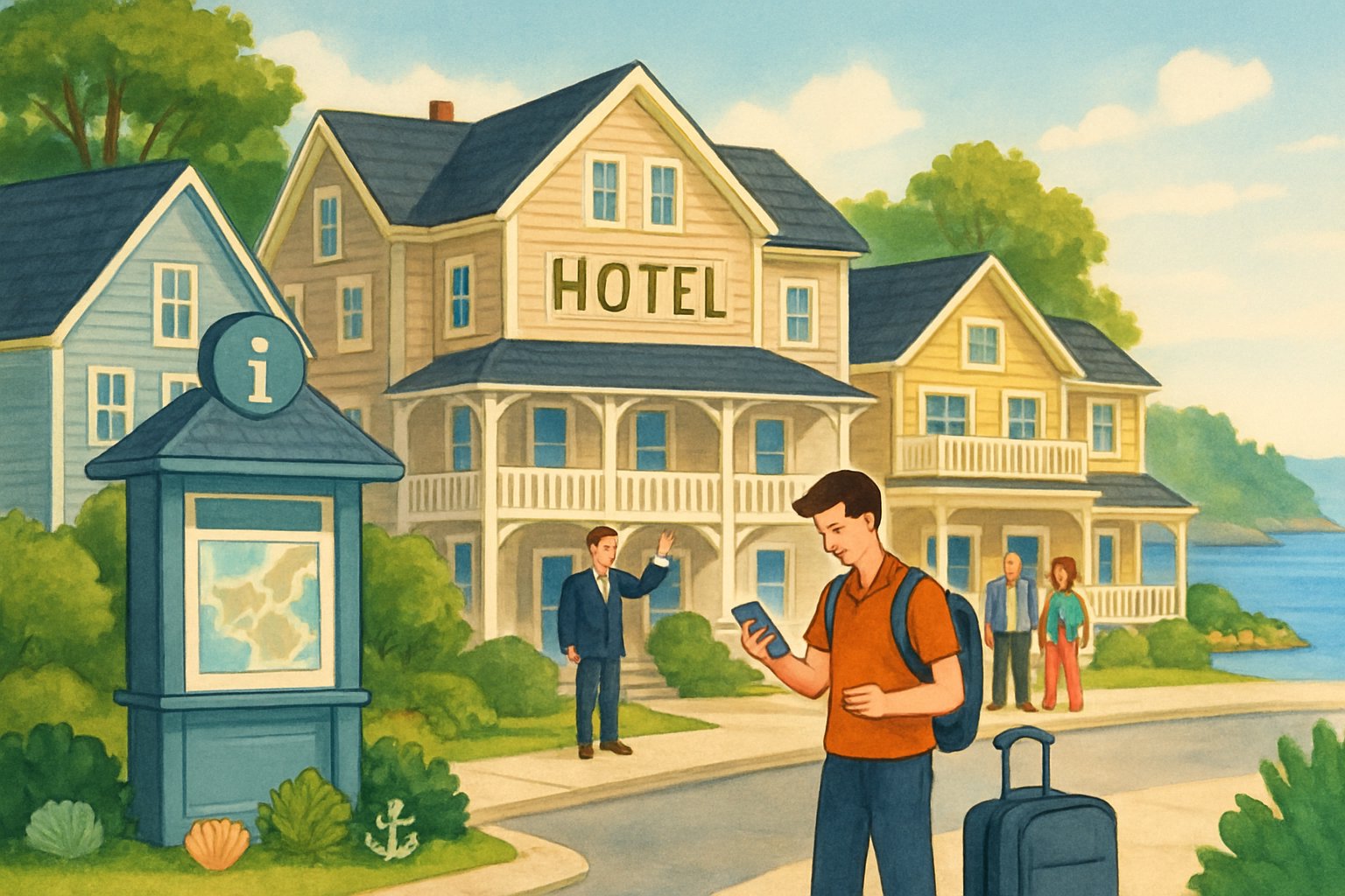 A traveler with luggage looking at a map near charming coastal hotels and trees by the ocean shore.