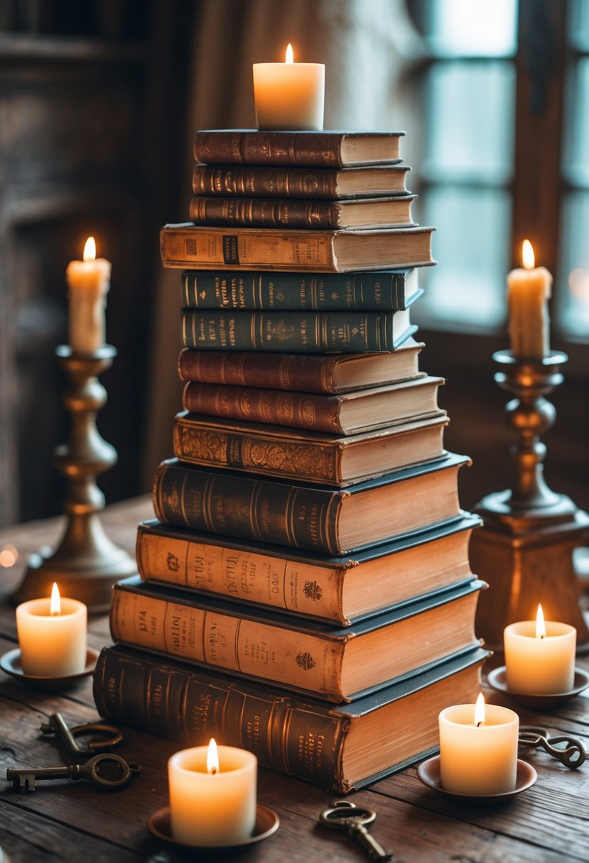 A pyramid of rare first-edition books stacked on a wooden table, softly lit by warm candlelight with vintage decorative items around them.