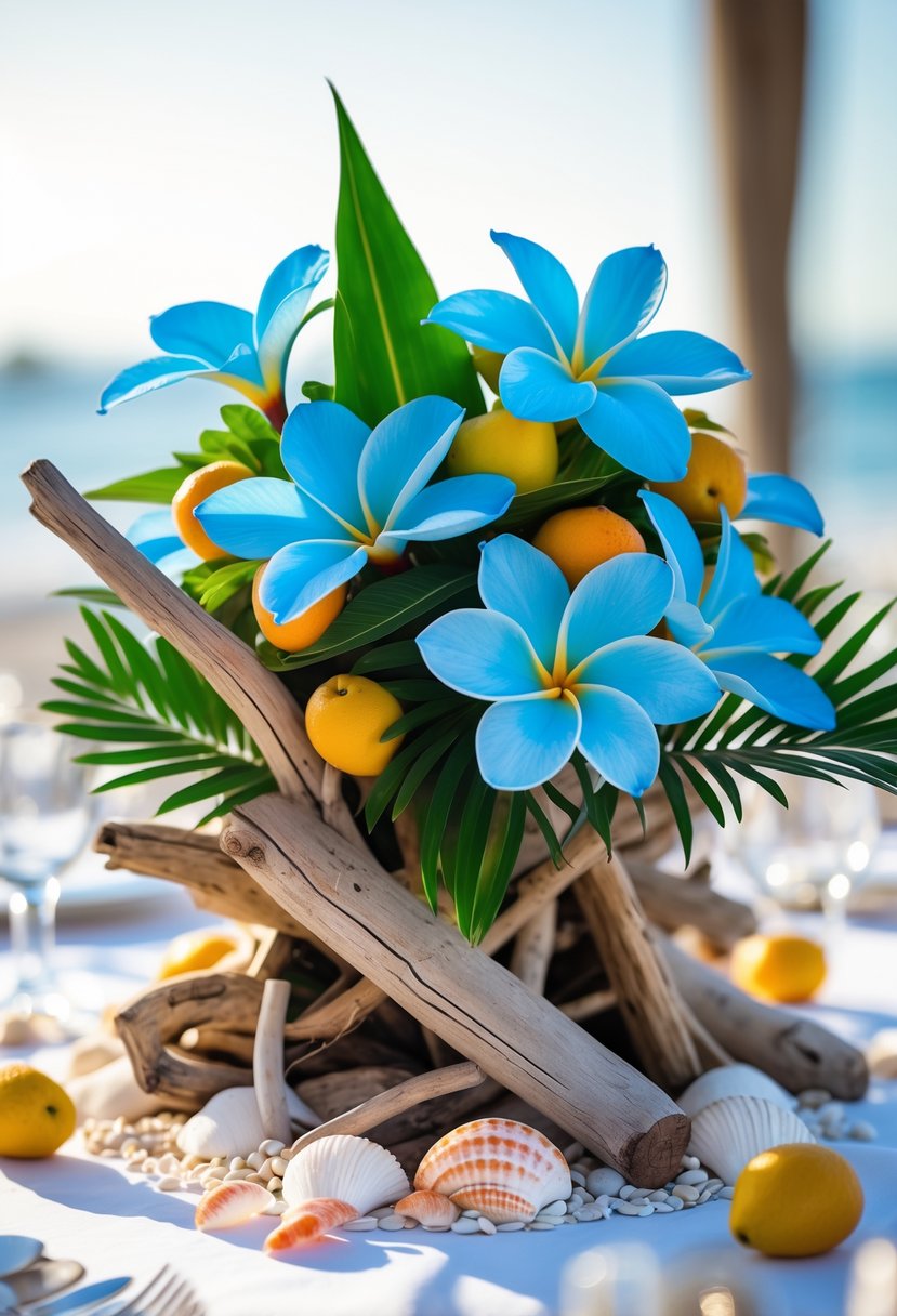 A wedding table centerpiece with driftwood, blue plumeria flowers, small tropical fruits, and seashells arranged on a table.