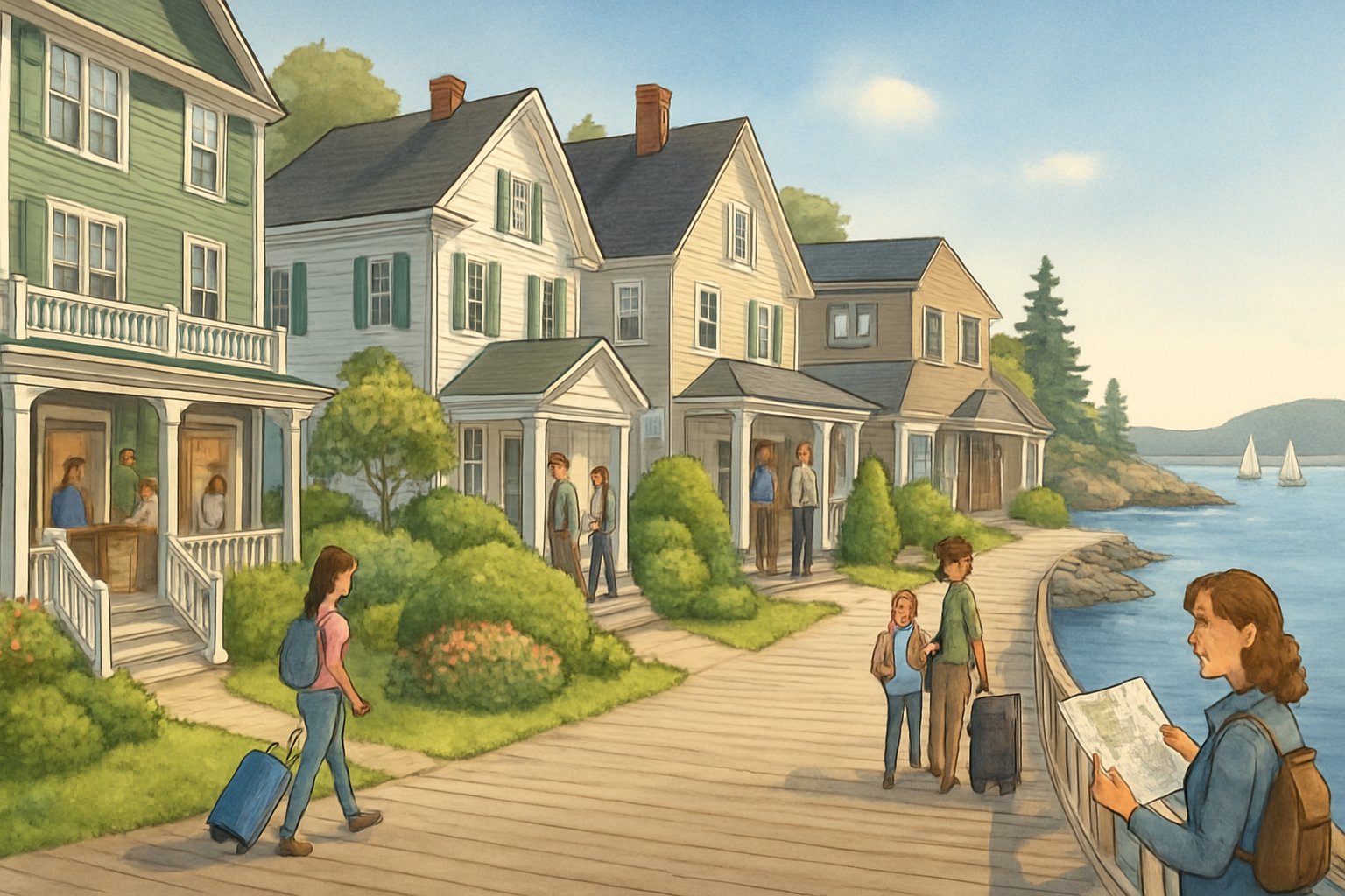A coastal town with various hotels and lodgings along the waterfront, people walking on a boardwalk, and sailboats in the distance.