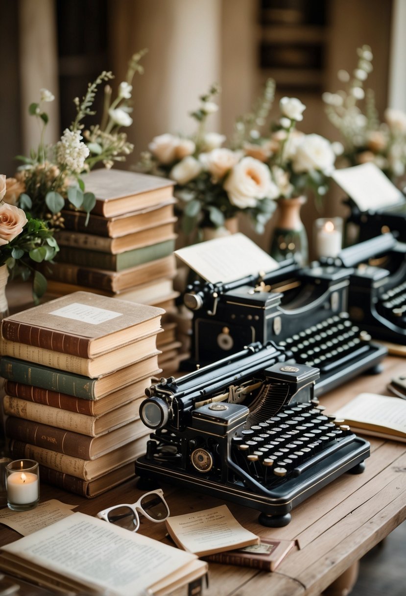 A wedding table decorated with stacks of vintage books and classic typewriters, arranged without flowers.