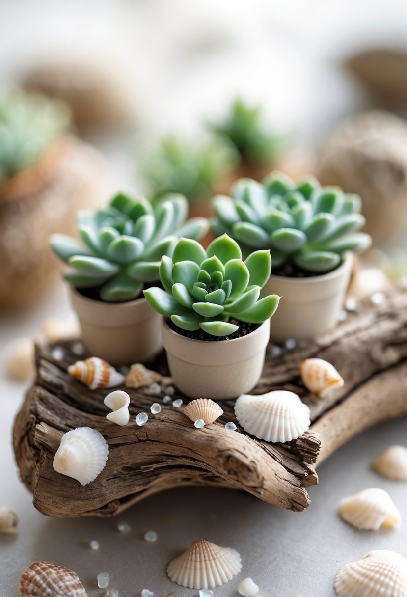 Mini potted succulents arranged on driftwood with small seashells around them on a table.