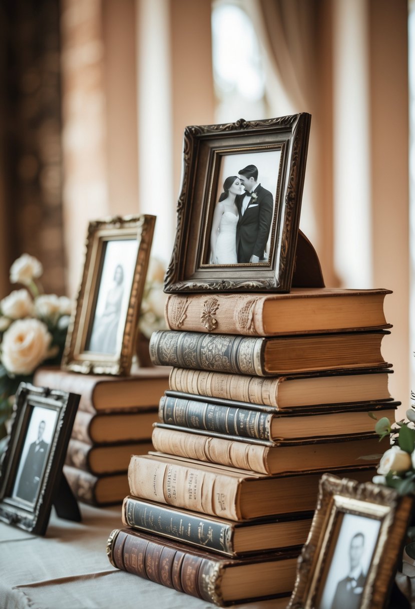 A wedding table decorated with antique books and vintage photo frames holding black-and-white photos of couples.
