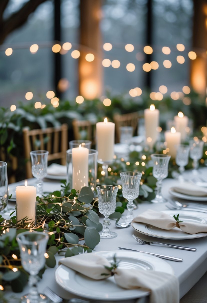 A wedding table decorated with fairy lights, greenery, candles, and elegant table settings without any flowers.