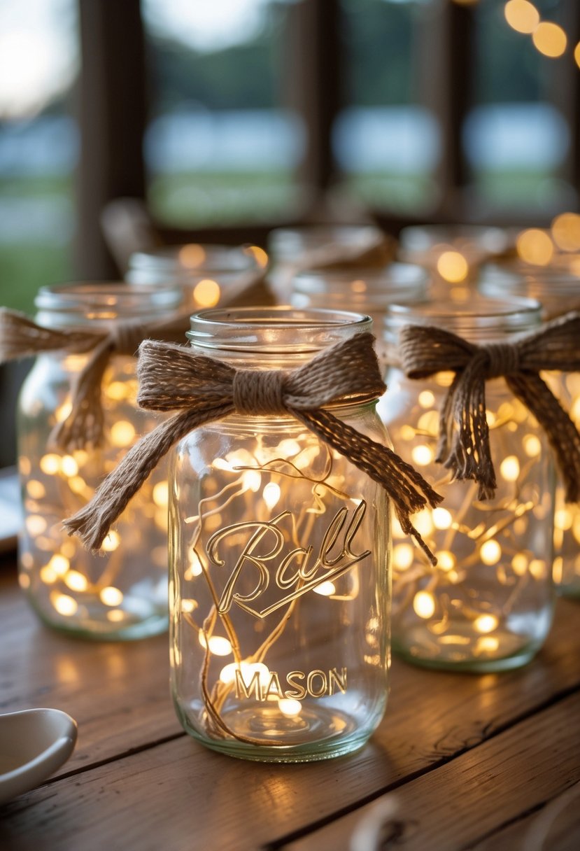 Several Mason jars filled with glowing fairy lights and tied with rustic twine bows arranged on a wooden table.