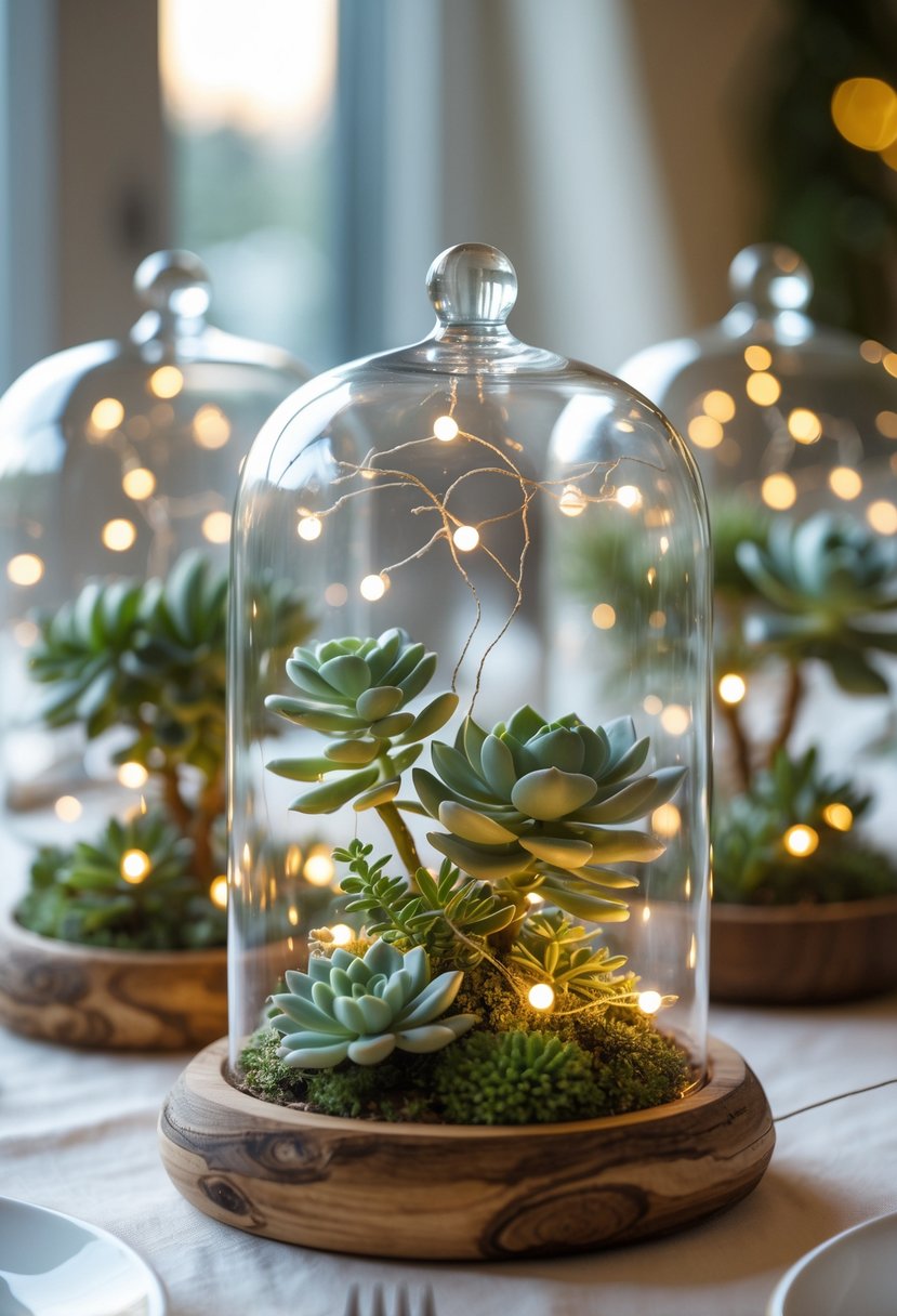 Glass domes with fairy lights showcasing miniature succulents as wedding table decorations.