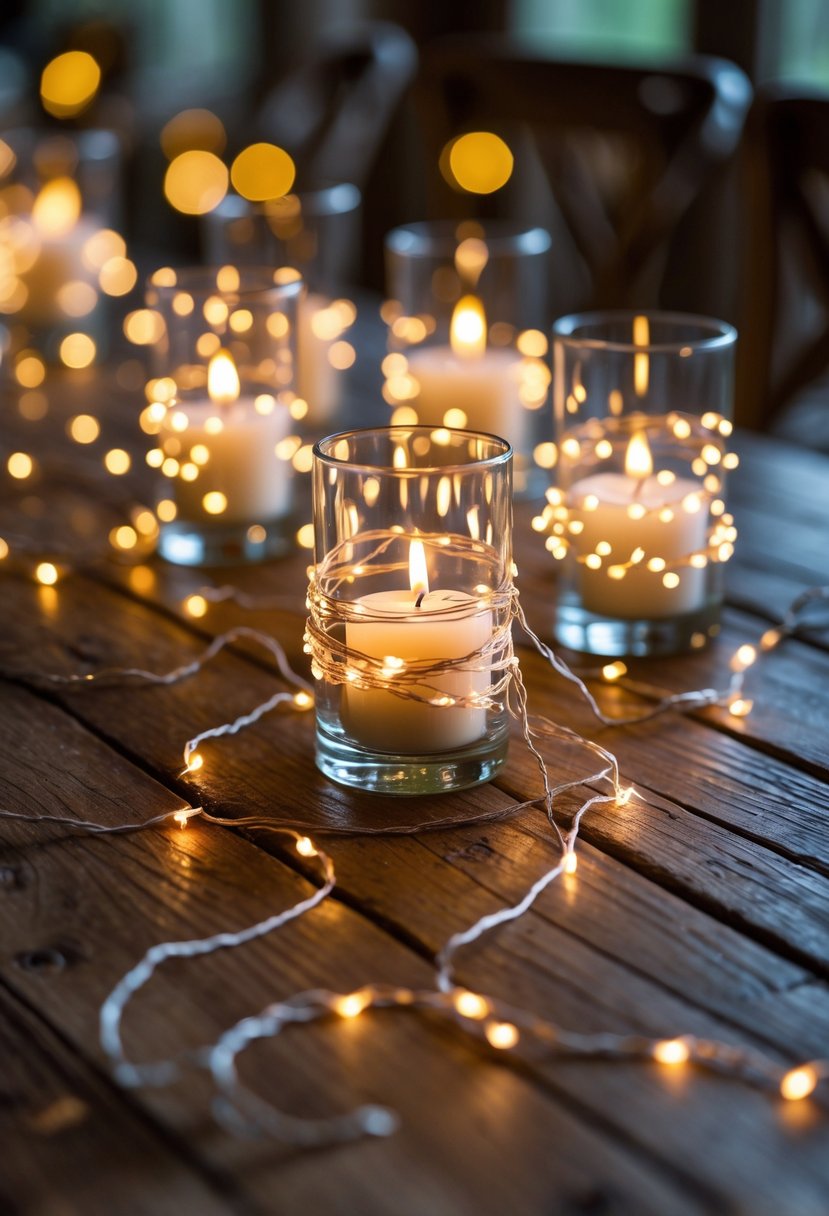 A wedding table decorated with glass candle holders wrapped in glowing fairy lights, creating a warm and cozy atmosphere.