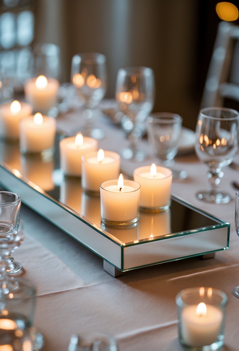A mirrored tray with lit votive candles and glass accents arranged on a wedding table.