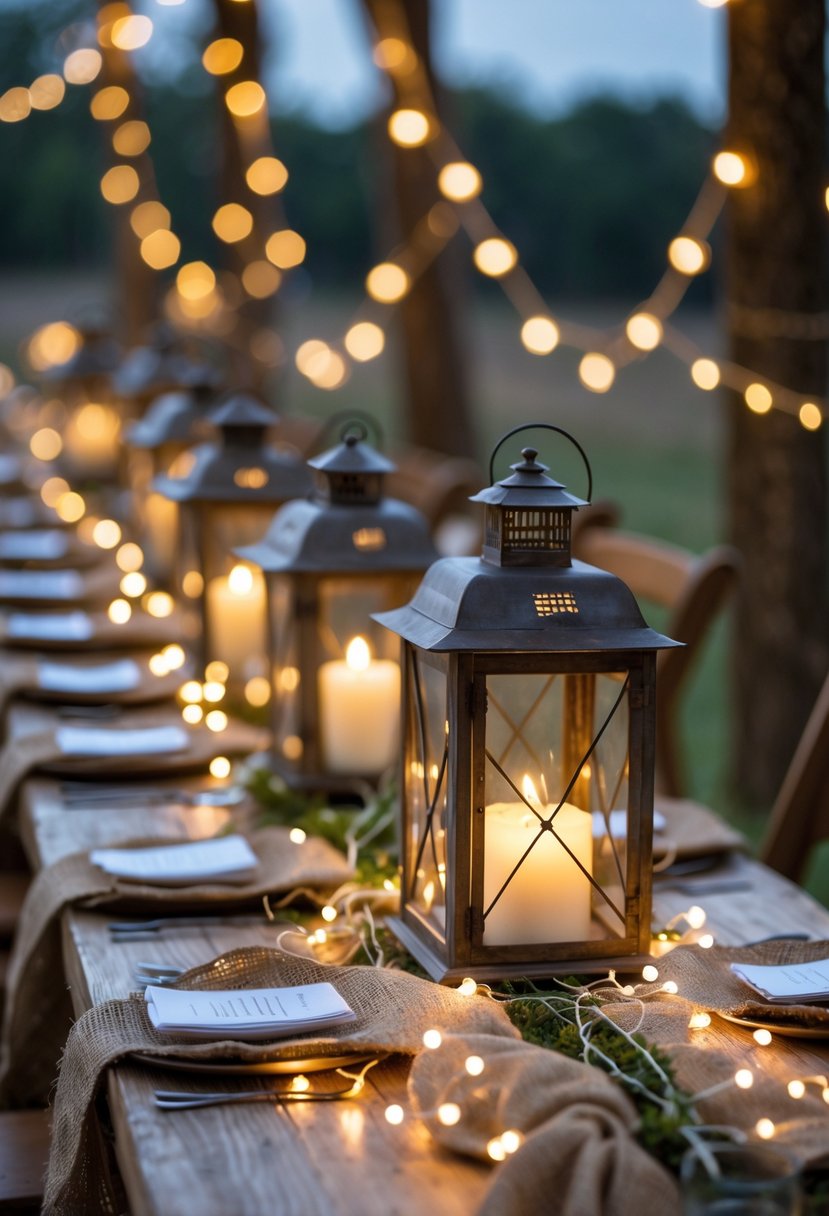 A wedding table decorated with vintage lanterns, fairy lights, and burlap accents without any flowers.