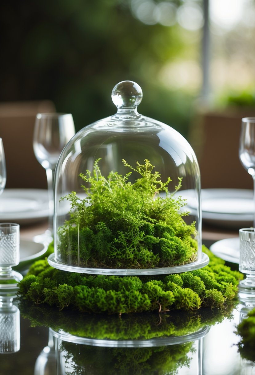 A glass cloche centerpiece with green moss inside, placed on a mirror surface with glass accents around it on a wedding table.