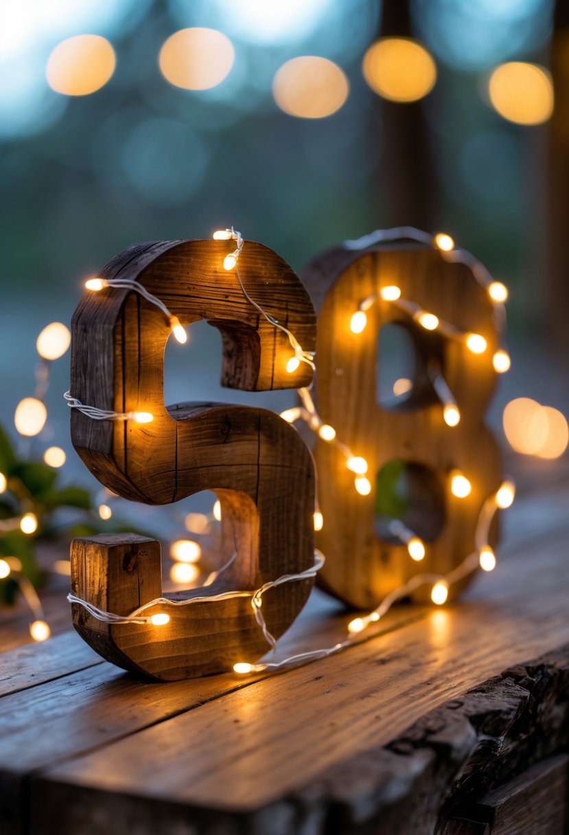 Wooden table numbers wrapped with warm white fairy lights on a wooden surface, softly lit in a cozy setting.