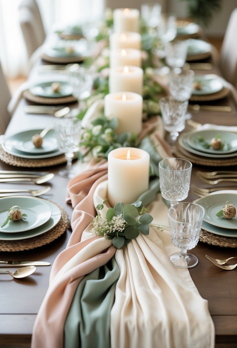 A wedding table decorated with layered fabric runners, candles, and minimalist natural accents, without any flowers.