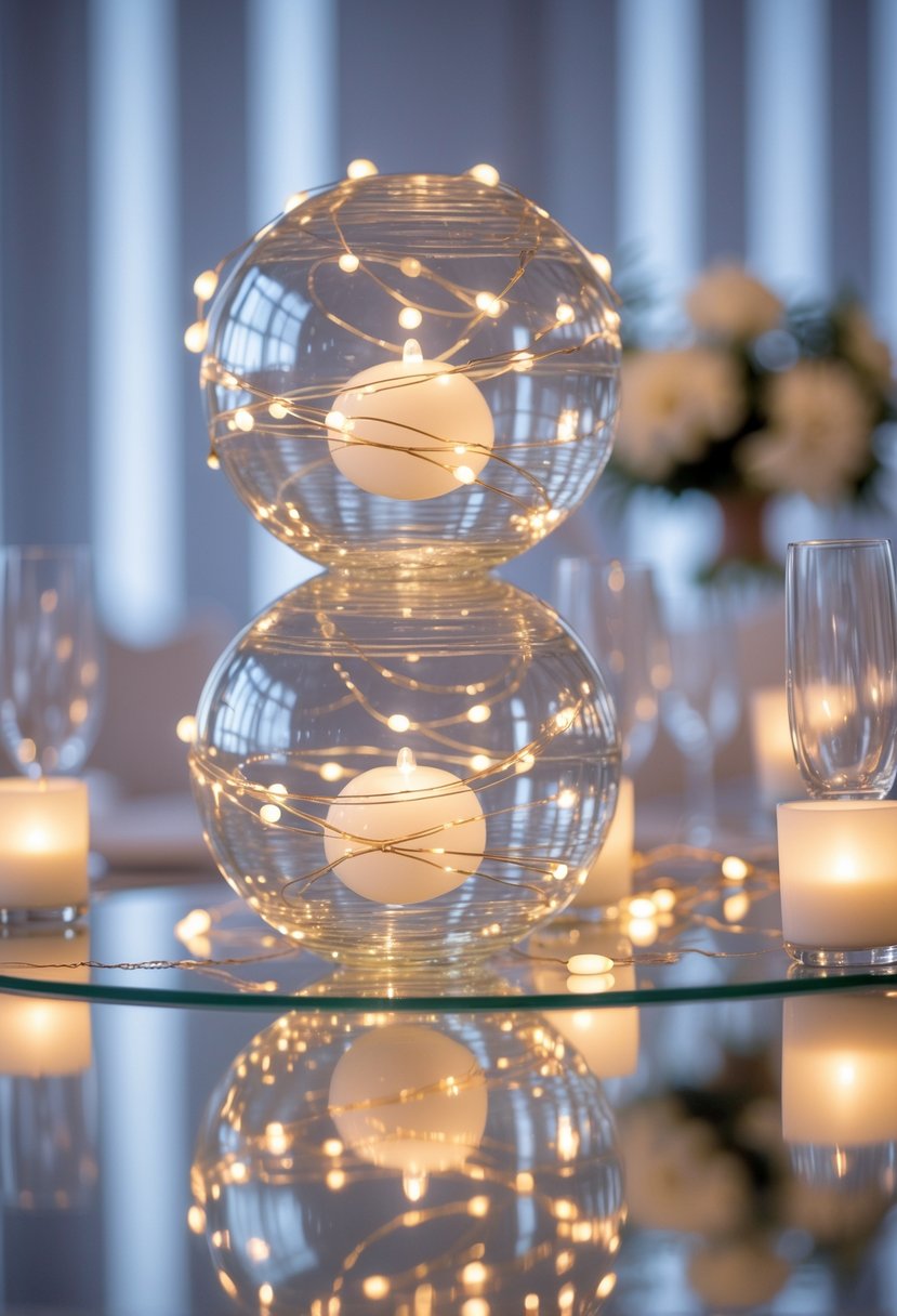 Stacked transparent glass orbs with warm white fairy lights on a reflective mirror surface as a wedding table centerpiece.