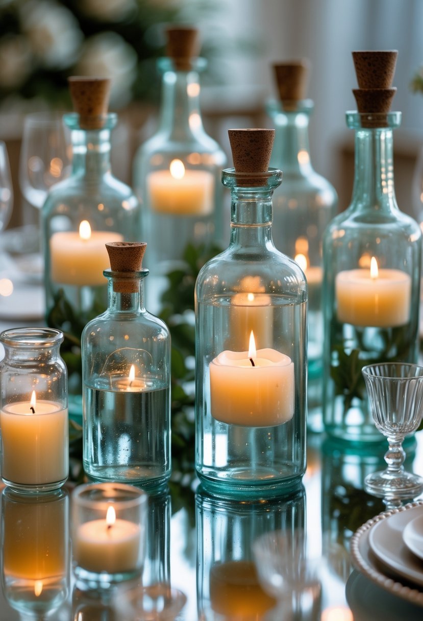 A wedding table centerpiece with antique glass bottles holding floating candles placed on a mirror surface, surrounded by glass accents.