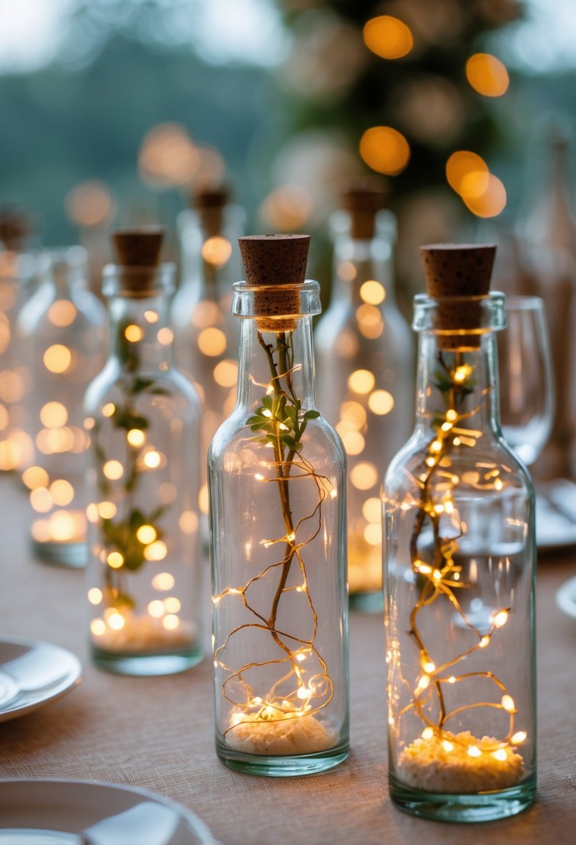 Small glass bottles filled with glowing fairy lights arranged on a wedding table without flowers.