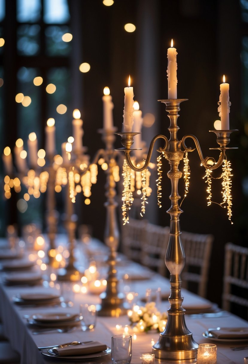 Metal candelabras decorated with cascading fairy lights on a wedding table without flowers.