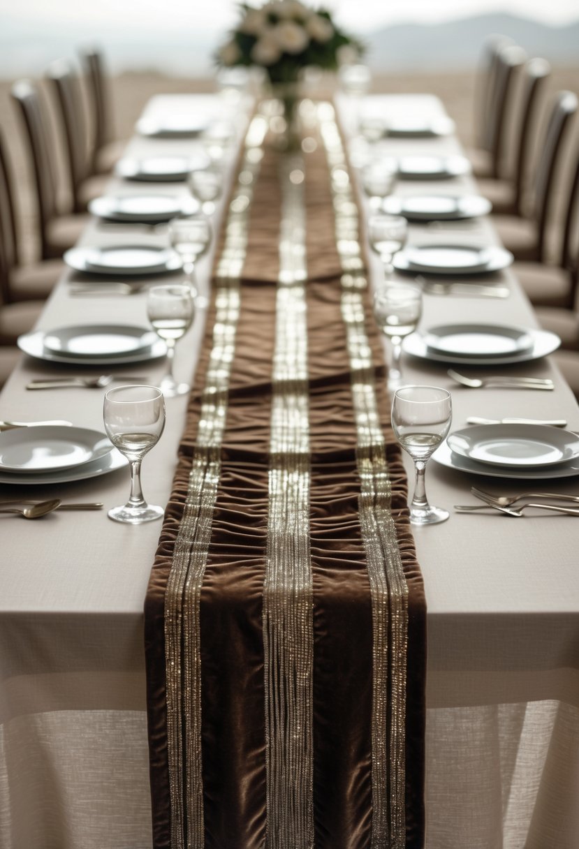 A wedding table with layered velvet and fabric runners, set with plates, glasses, and silverware, without any flowers.