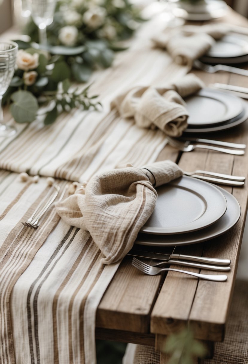 Wedding table set with striped fabric runners and textured napkins, arranged without flowers.