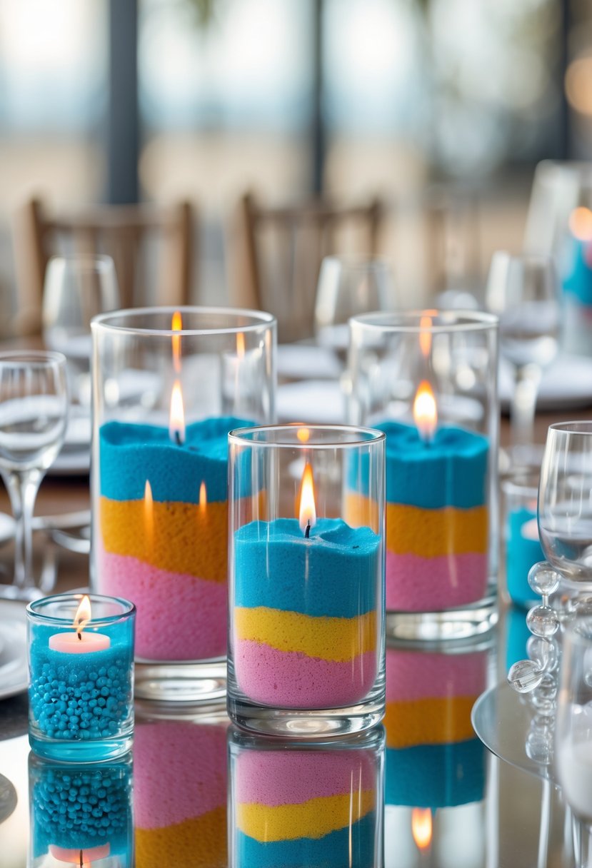 A wedding table decorated with glass hurricanes filled with colorful layered sand, placed on mirrors and surrounded by glass accents.