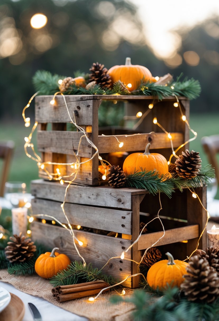 Rustic wooden crates decorated with fairy lights and seasonal items like pine cones and small pumpkins on a wedding table.