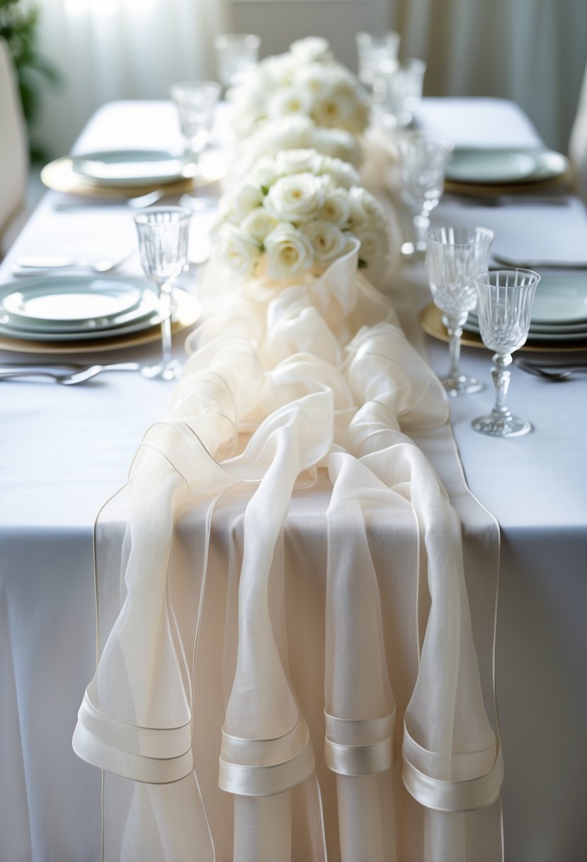 A wedding table set with layered translucent fabric runners and white tableware, arranged in a simple and elegant style without flowers.