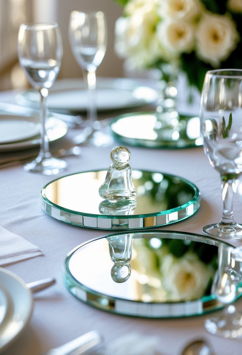 Close-up of mirrored coasters with small glass figurines arranged on a wedding table.