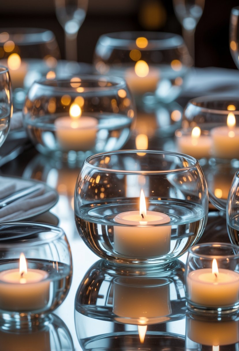 A wedding table with clear glass bowls holding floating LED candles placed on a mirror surface.