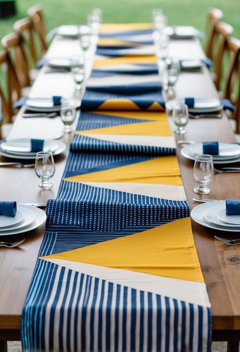 A wedding table decorated with layered bold geometric patterned fabric runners and simple tableware, without any flowers.