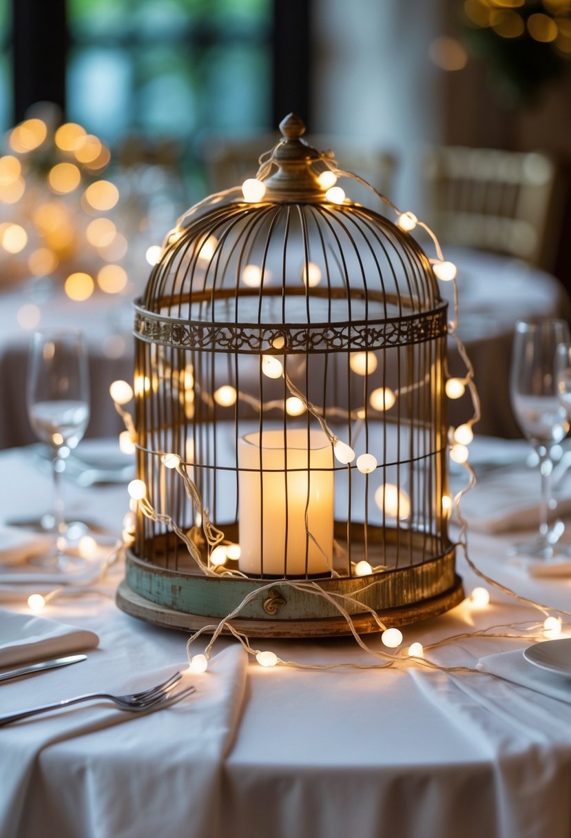 A wedding table centerpiece with a birdcage decorated with glowing string fairy lights on a white tablecloth.