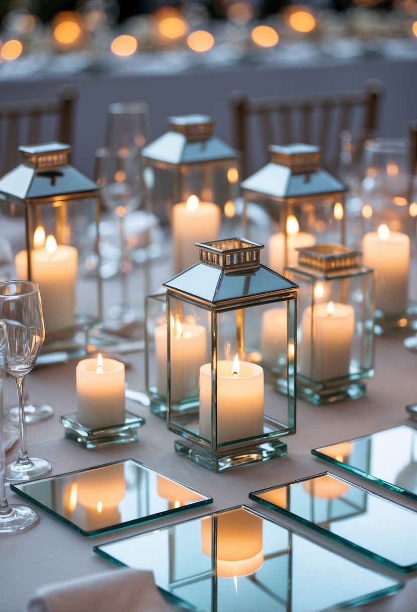 A wedding table centerpiece with glass lanterns and mirrored plaques reflecting candlelight.