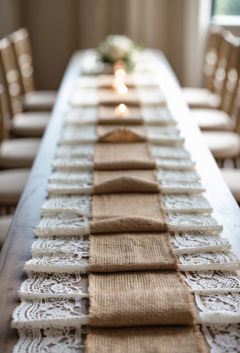 A wedding table decorated with layered burlap and lace fabric runners, showing a rustic and elegant arrangement without flowers.