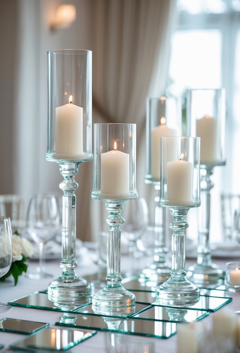 Wedding table with mirror tiles and glass candle pillars holding white candles arranged as centerpieces.
