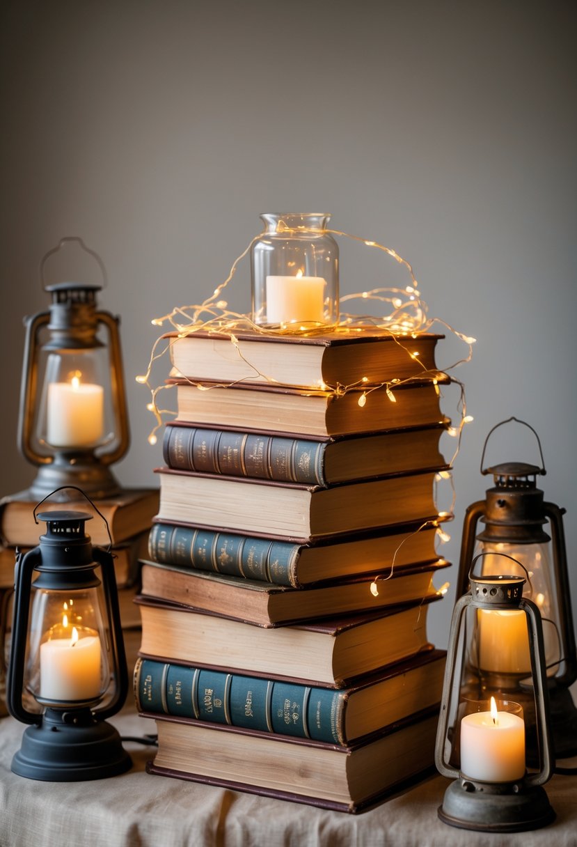 Stacked antique books decorated with glowing fairy lights and vintage lanterns on a wedding table.