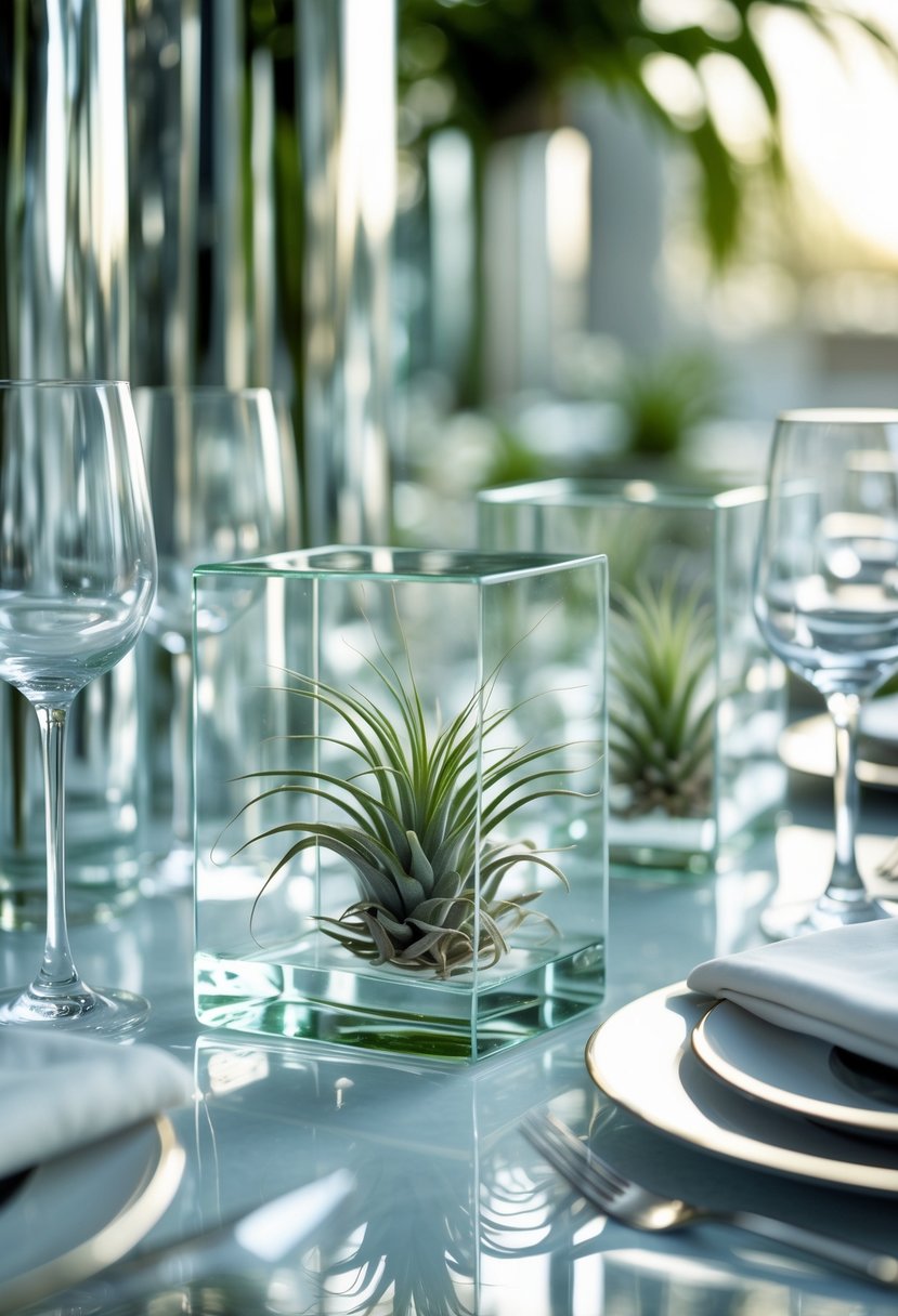 A wedding table decorated with clear glass cubes holding suspended green air plants, placed on a mirrored surface with glass accents.