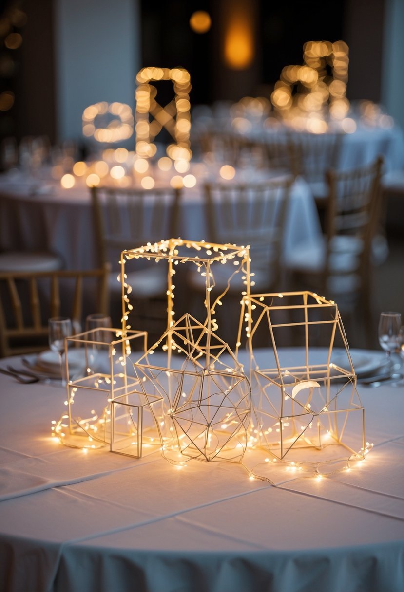 Wedding table with geometric wireframe centerpieces wrapped in fairy lights glowing softly.